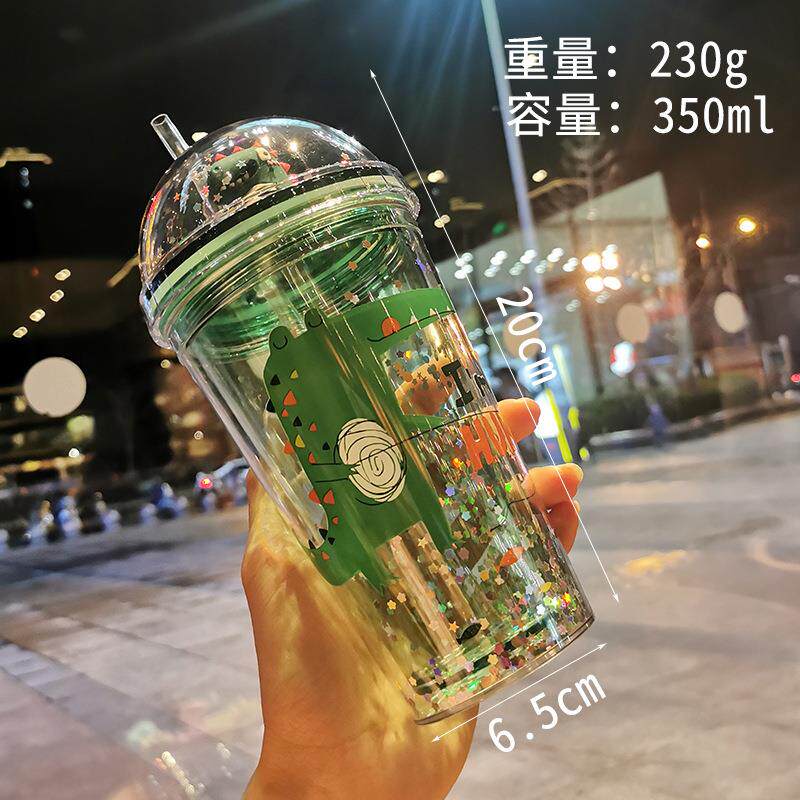 杯子女可爱少女双层流沙杯网红吸管杯个性潮流碎冰杯网红杯