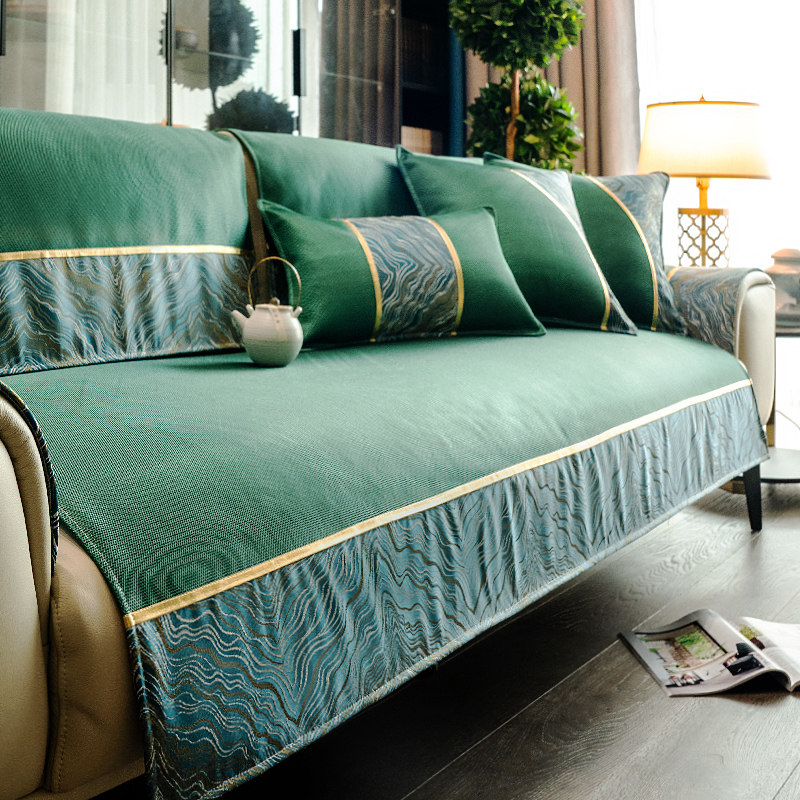 夏季新中式冰丝沙发垫夏天款防滑布艺坐垫真皮凉席垫子套罩巾定做