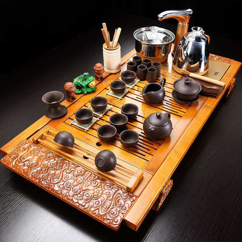 茶具套装家用整套功夫陶瓷简约实木茶盘喝全自动一体自动茶台茶海