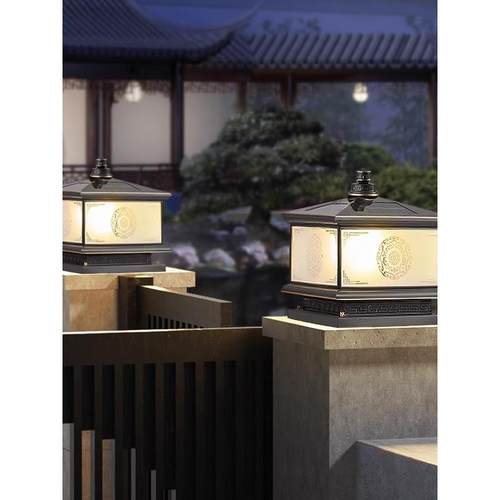 太阳能柱头灯全铜新中式户外庭院灯门柱灯别墅大门灯围墙灯柱子灯