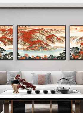 网红式画山中水画客厅装饰画沙挂流发背景墙上水生财国画大气新三