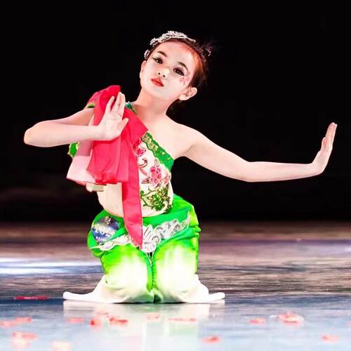 水袖舞蹈服装女单肩长袖古典中国风民族舞儿童且吟春雨表演舞蹈服