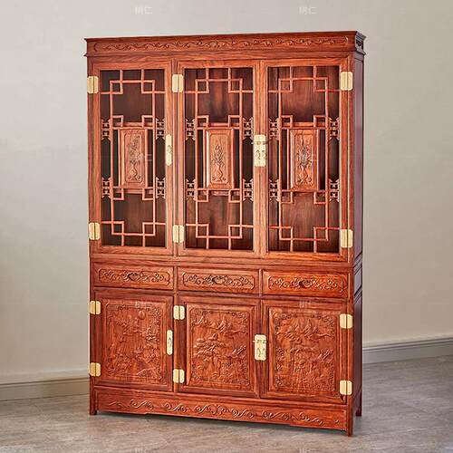 红木书柜刺猬紫檀三门书柜全实木家具置物架储物柜古典书橱展示柜