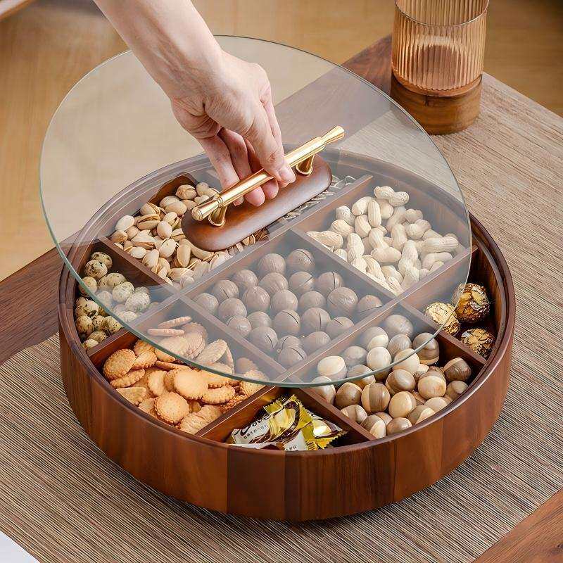 中式木质干果盒九宫格点心小吃收纳盒实木圆形分格糖果坚果盒果盘