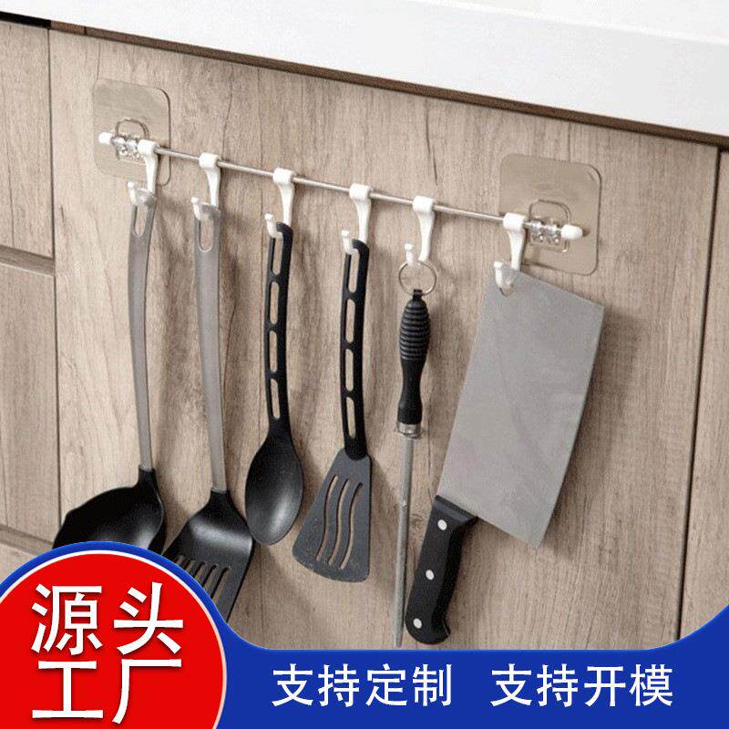 不锈钢厨房无痕壁挂式六连挂钩免打孔粘胶卫生间衣服6连排钩跨境