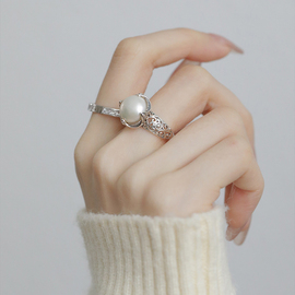 s925纯银珍珠镂空戒指，女2023年小众，设计感时尚个性开口食指戒