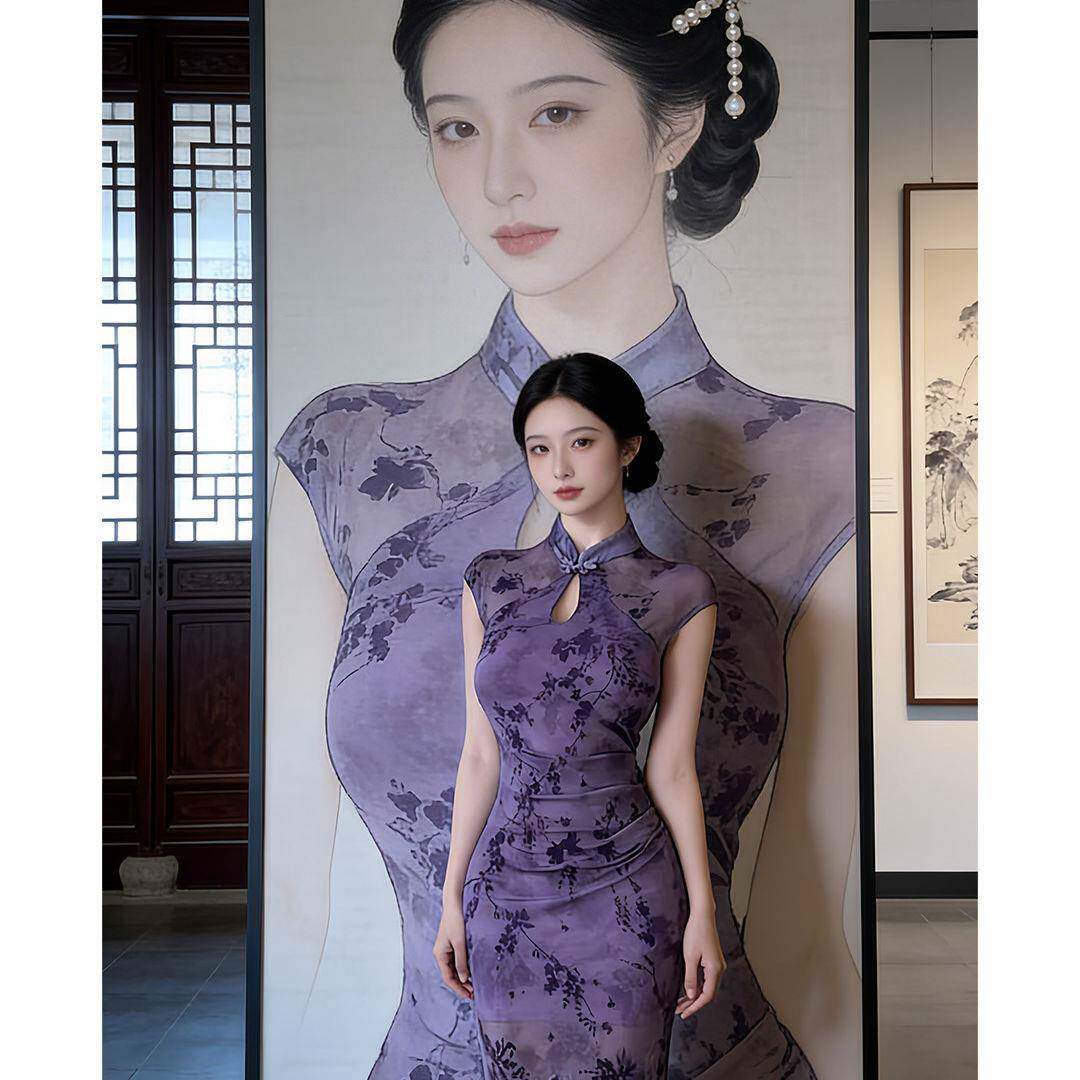 国风新中式紫色镂空碎花改良旗袍裙大方得体绝美巨好看洋装2026
