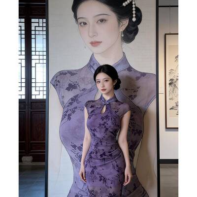 国风新中式紫色镂空碎花改良旗袍裙大方得体绝美巨好看洋装2026