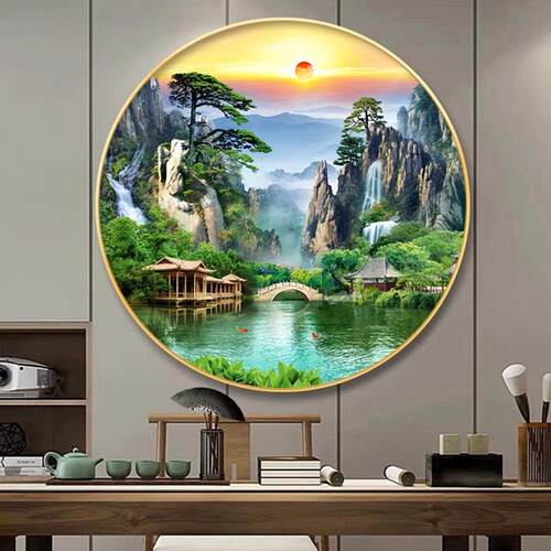 新中式流水生财玄关装饰画办公室书房背景墙壁画走廊客厅圆形挂画
