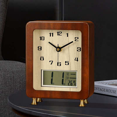 新中式座钟台式钟表摆件客厅家用带日历复古实木坐钟桌面时钟摆钟