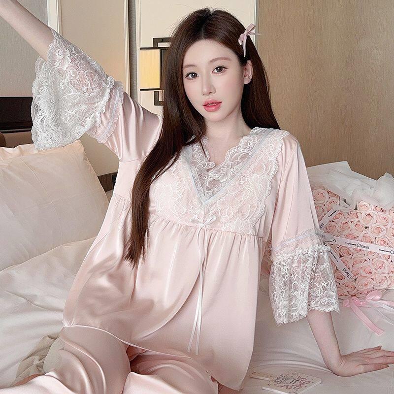 带胸垫夏季新款冰丝薄款短袖长裤套装睡衣女蕾丝纯欲风缎面家居服