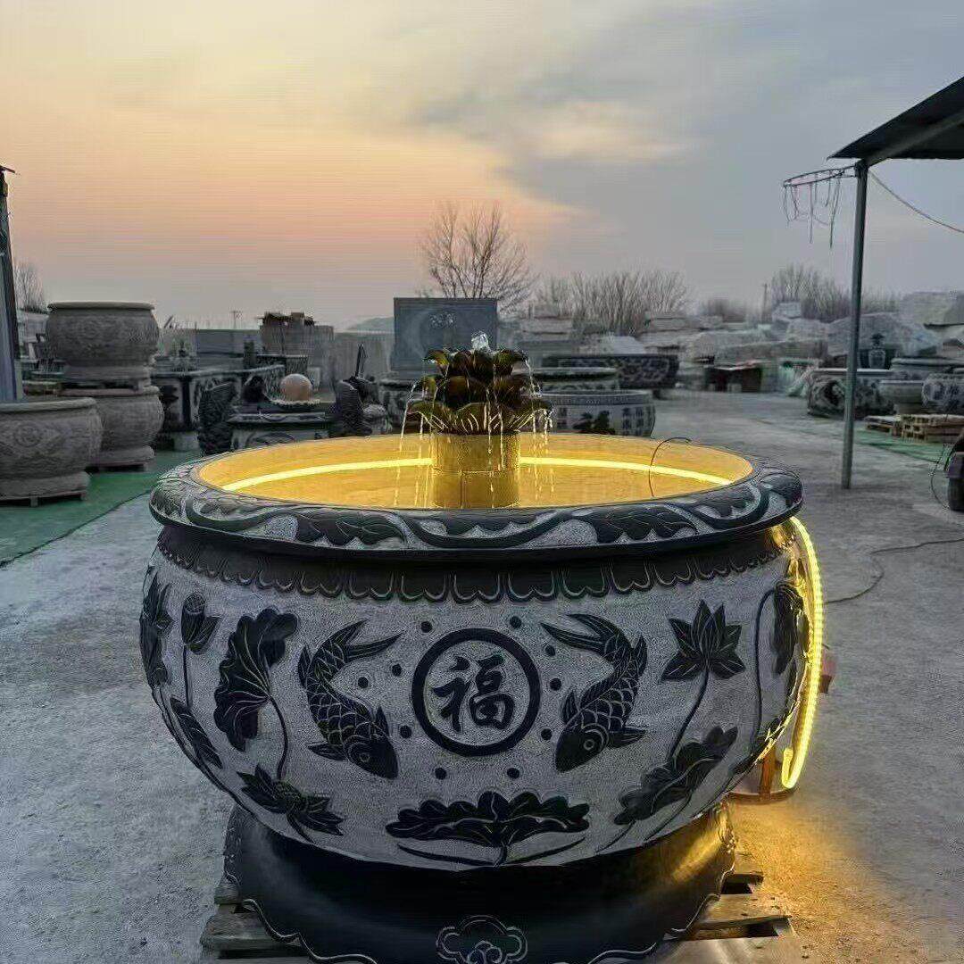 中式石雕鱼缸荷花雕刻圆形水缸庭院装饰摆件做旧门海仿古雕刻花盆