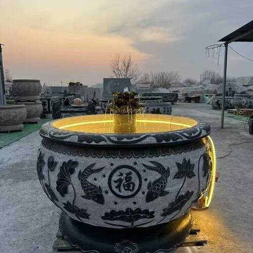 中式石雕鱼缸荷花雕刻圆形水缸庭院装饰摆件做旧门海仿古雕刻花盆