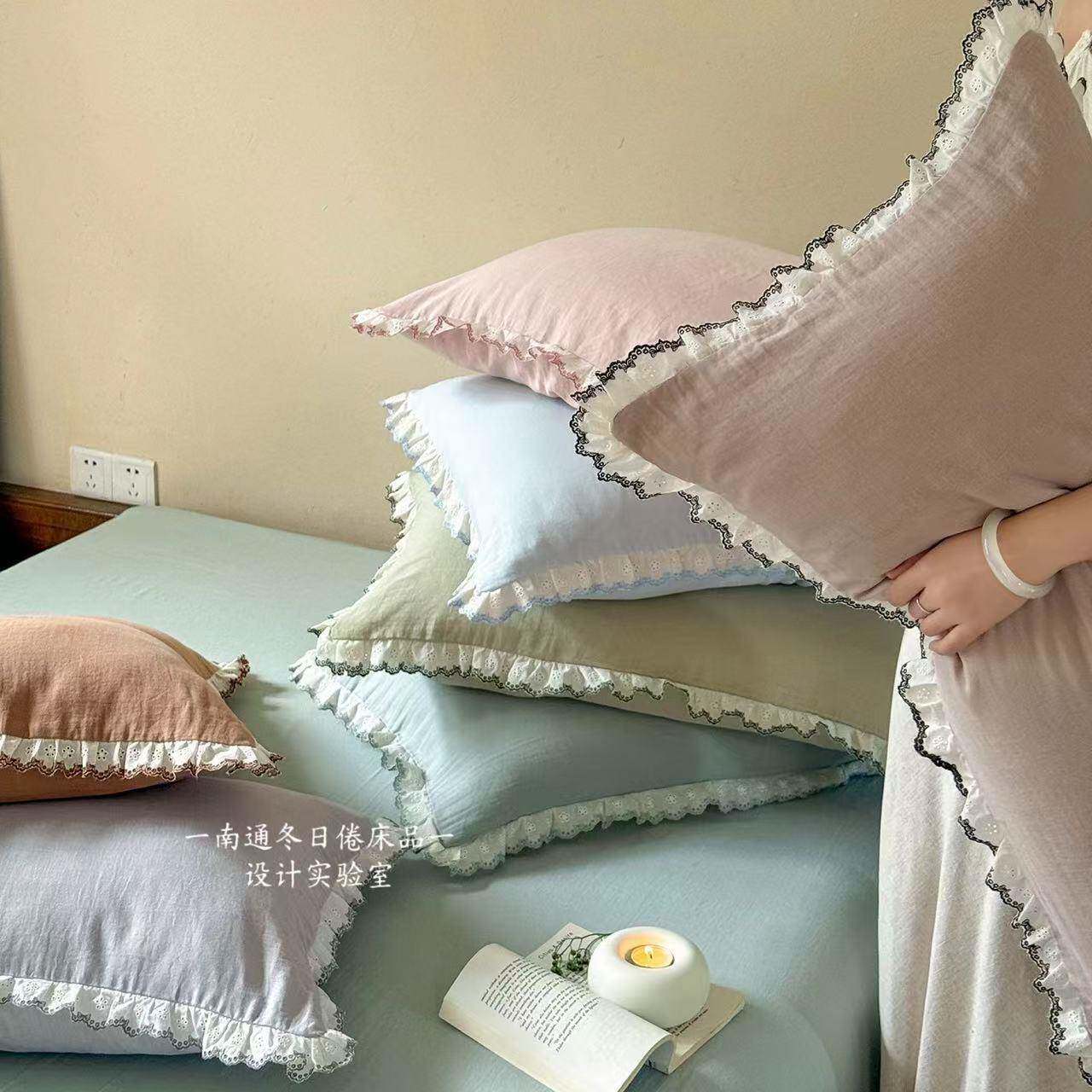 酥软透气 双层纱枕套单品 纯棉全棉纱布枕头套一对装枕巾48x74