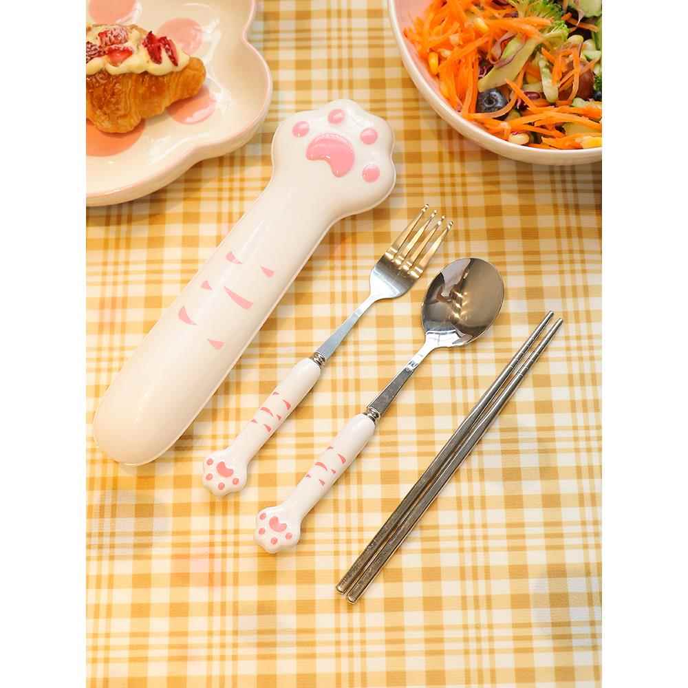 304不锈钢餐具套装勺子筷子餐叉学生便携可爱网红猫爪一人用宿舍