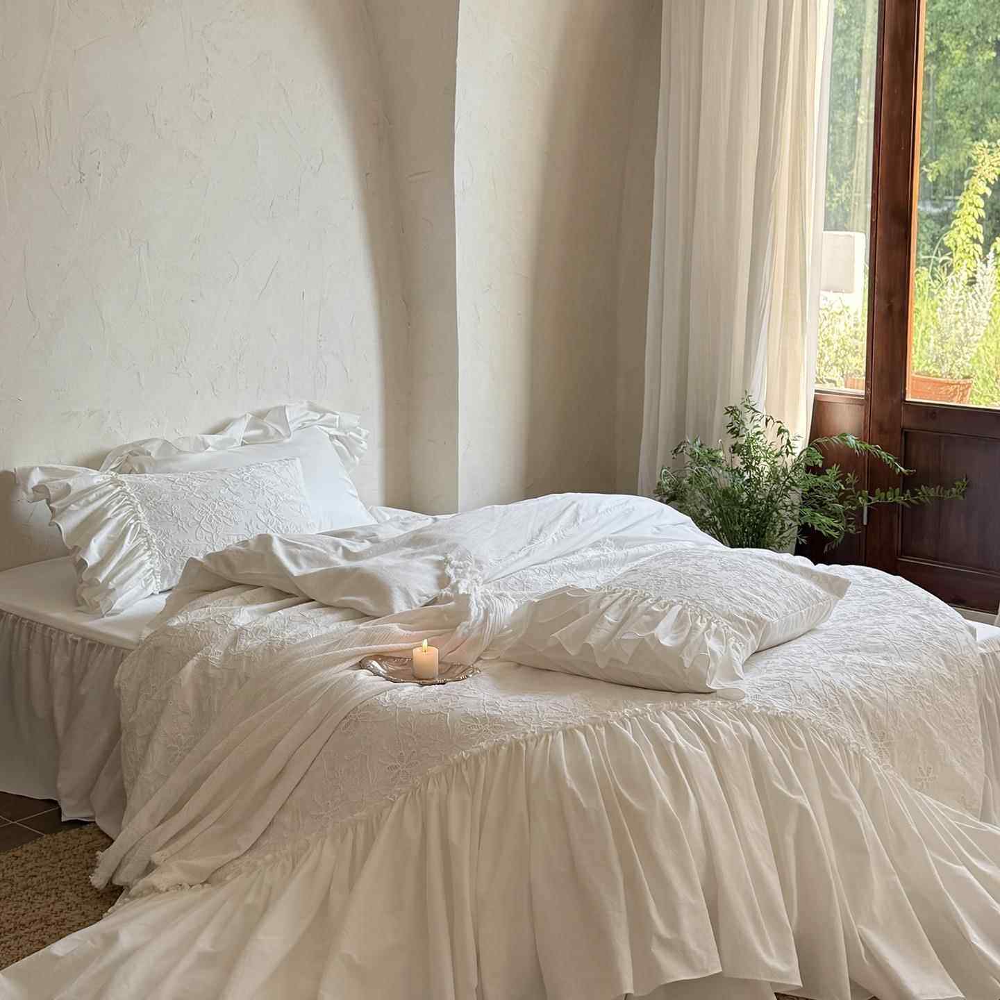 法式轻奢白色全棉水洗棉床上四件套公主风纯棉花边被套床裙少女心