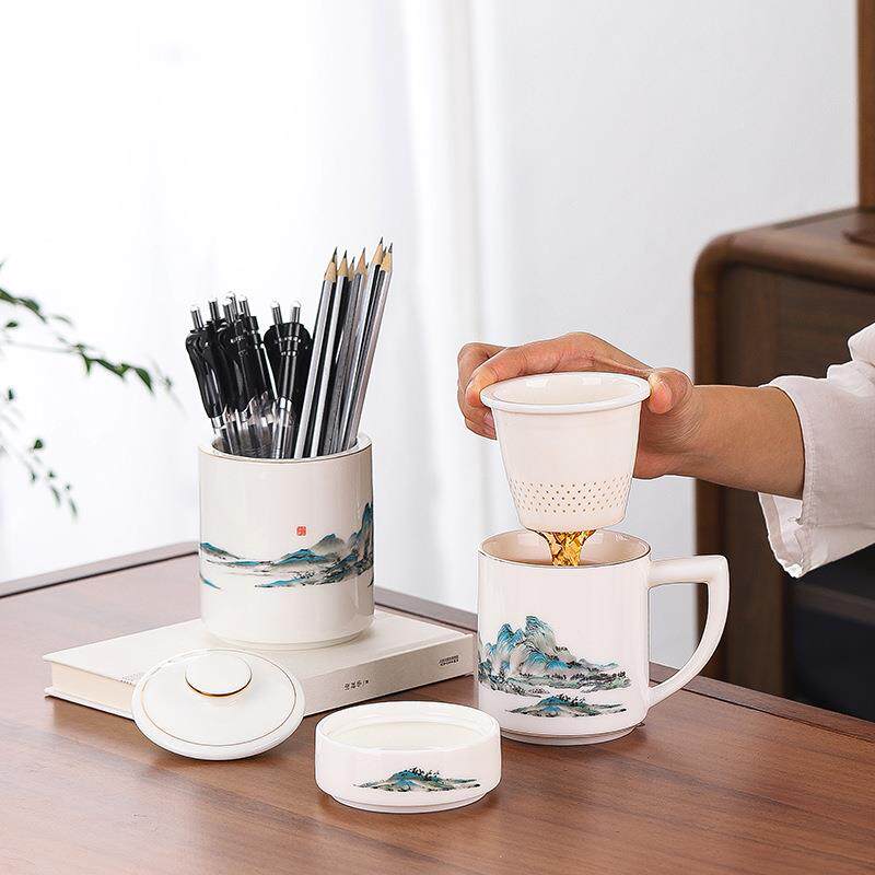 羊脂玉瓷千里江山陶瓷办公水杯马克杯带盖过滤茶水杯烟灰缸笔筒