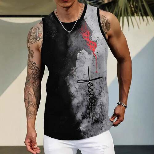 Ombre & Letter Print Round Neck Tank Top Boho Sleeveless