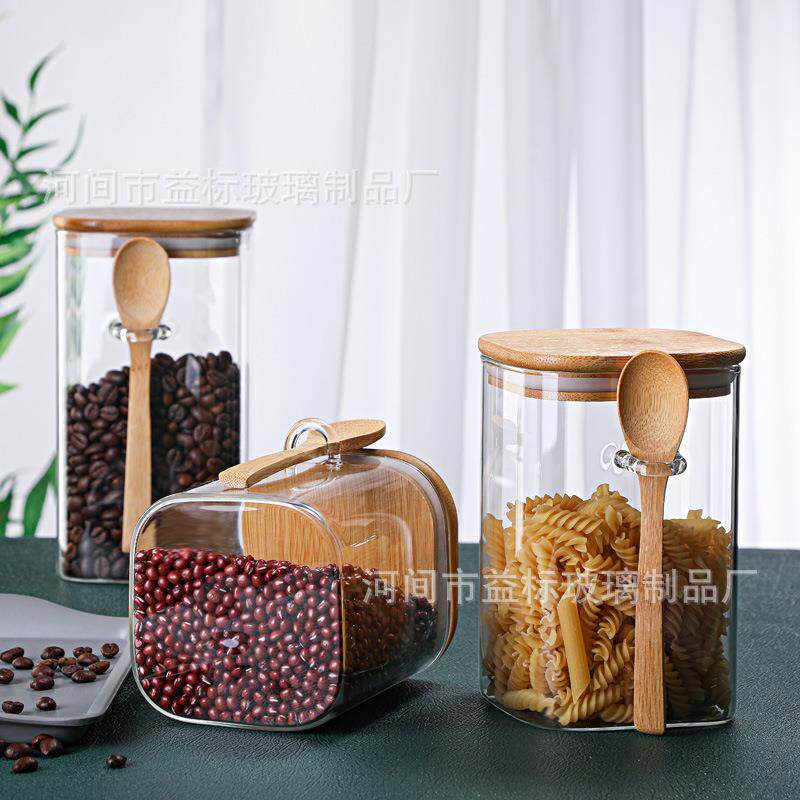 耐热四方玻璃竹盖带小勺零食茶叶罐厨房收纳密封罐实用厨房收纳