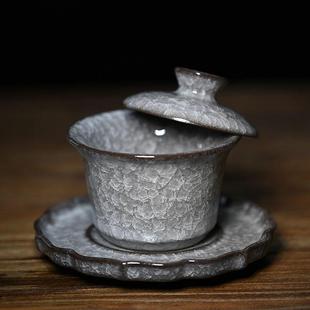 悬停三才盖碗大号铁胎黑冰裂纹茶杯高档陶瓷功夫茶具泡茶防烫单个