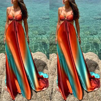 Women's Gradient Satin Maxi Dress Halter Neck Cut Out