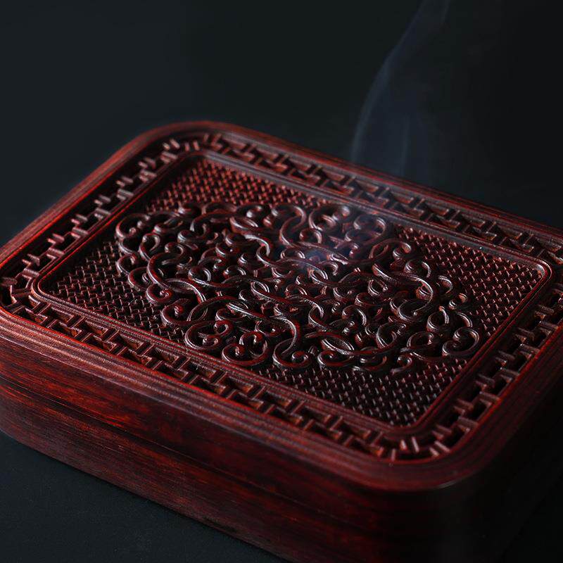 如意卷草纹香盒紫檀木首饰盒独板整木雕刻收纳颗镂空古典桌面摆件