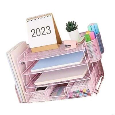4-Tiered Letter Tray Metal with Magazine Stand Drawer Pen
