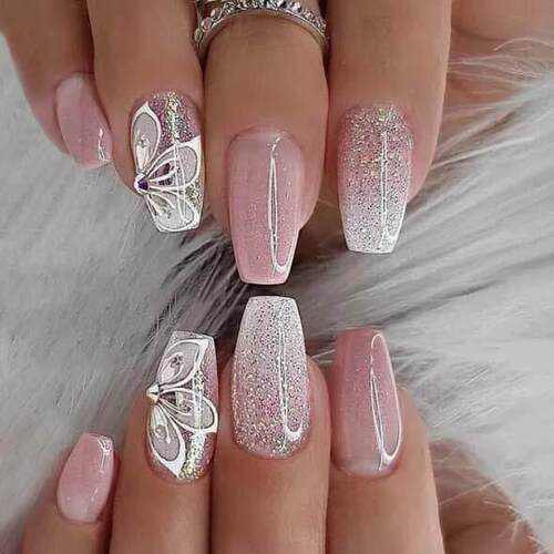 24Pcs Press On Nails Wearable Fake Nails Pink Gradient Glitt