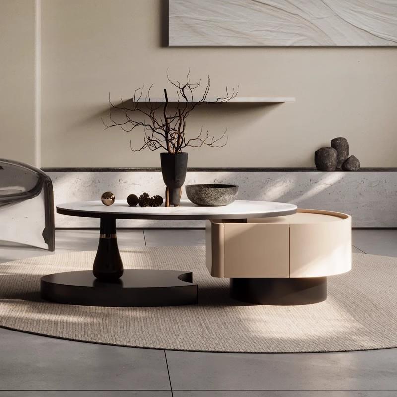 岩板茶几轻奢现代家用伸缩小户型大小组合设计师椭圆异形轻奢风