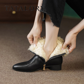TATA LORY女鞋纯羊毛加绒加厚保暖短靴子尖头切尔西靴侧拉链粗跟