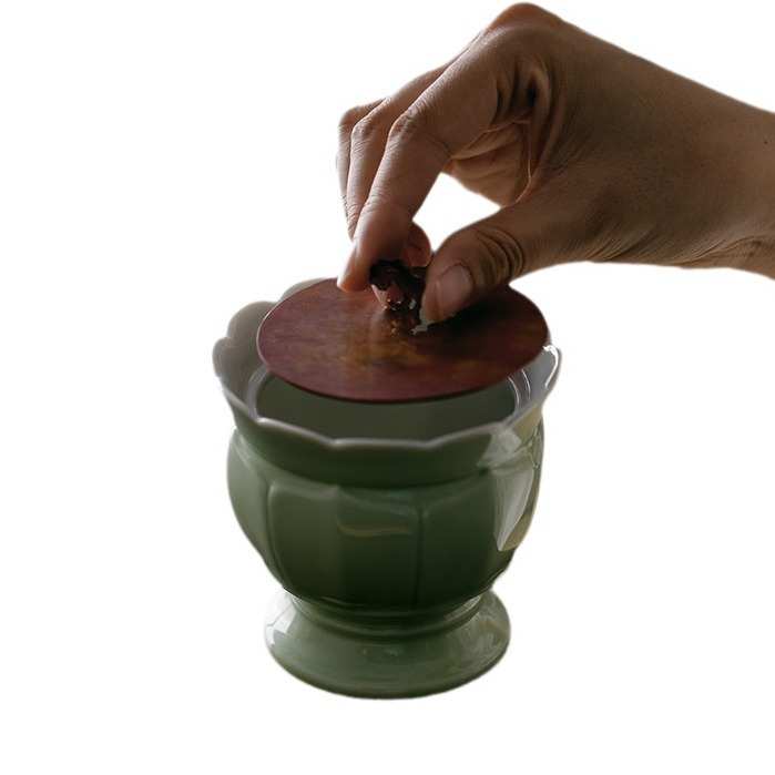 束刻 陶瓷建水中号家用花口茶渣桶茶道配件水盂茶水桶带铜盖干泡