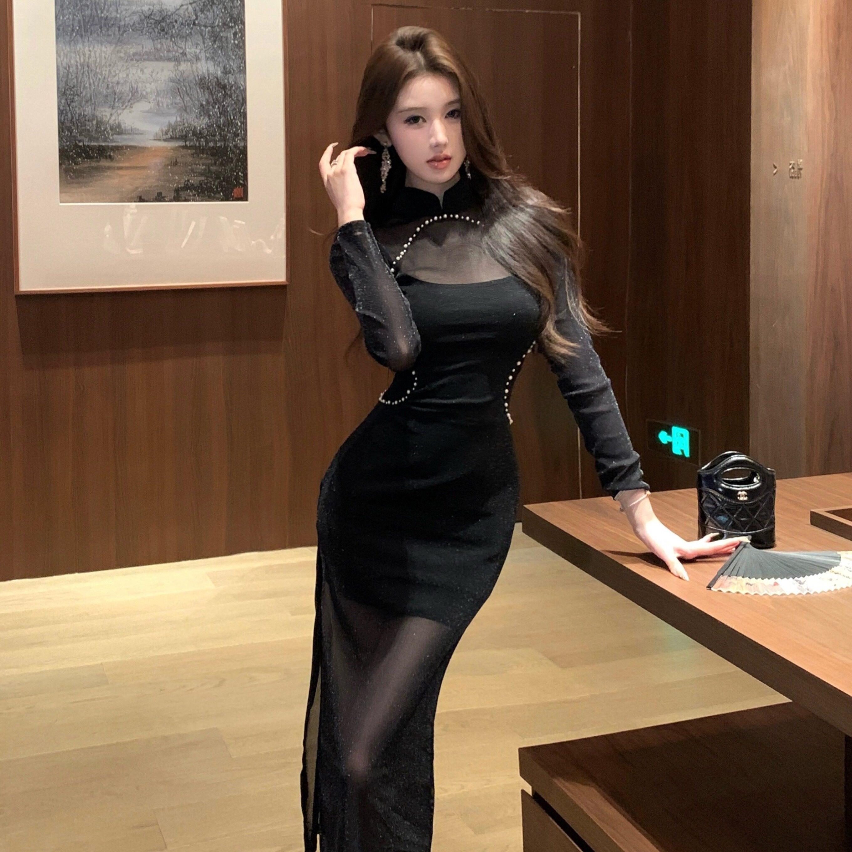 旗袍晚礼服女2024新款高级感宴会吊带裙+性感网纱连衣裙两件套装
