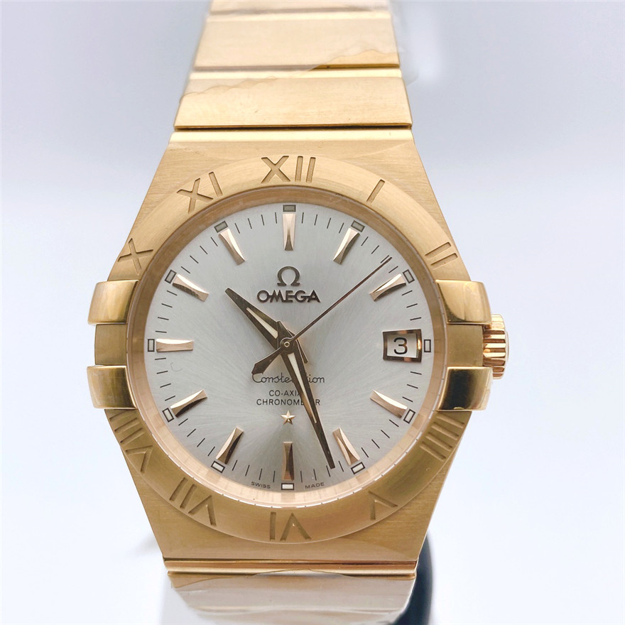 盒证】98新35mm欧米茄星座18k金表日历自动机械男手表正品
