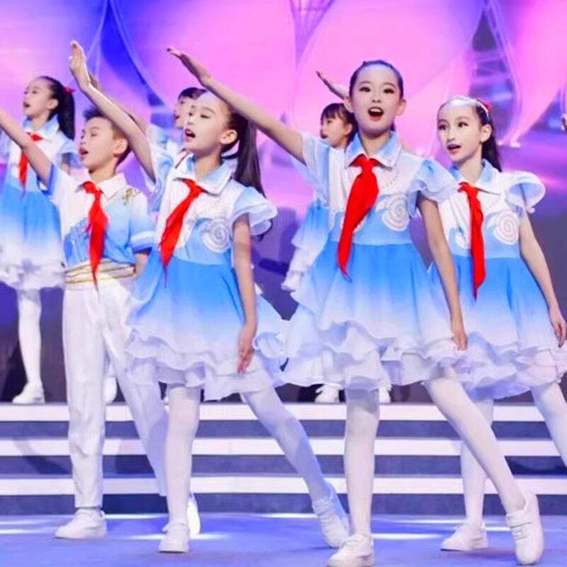 少年有志红舞蹈服装六一儿童诗歌朗诵中小学生大合唱团领巾演出服