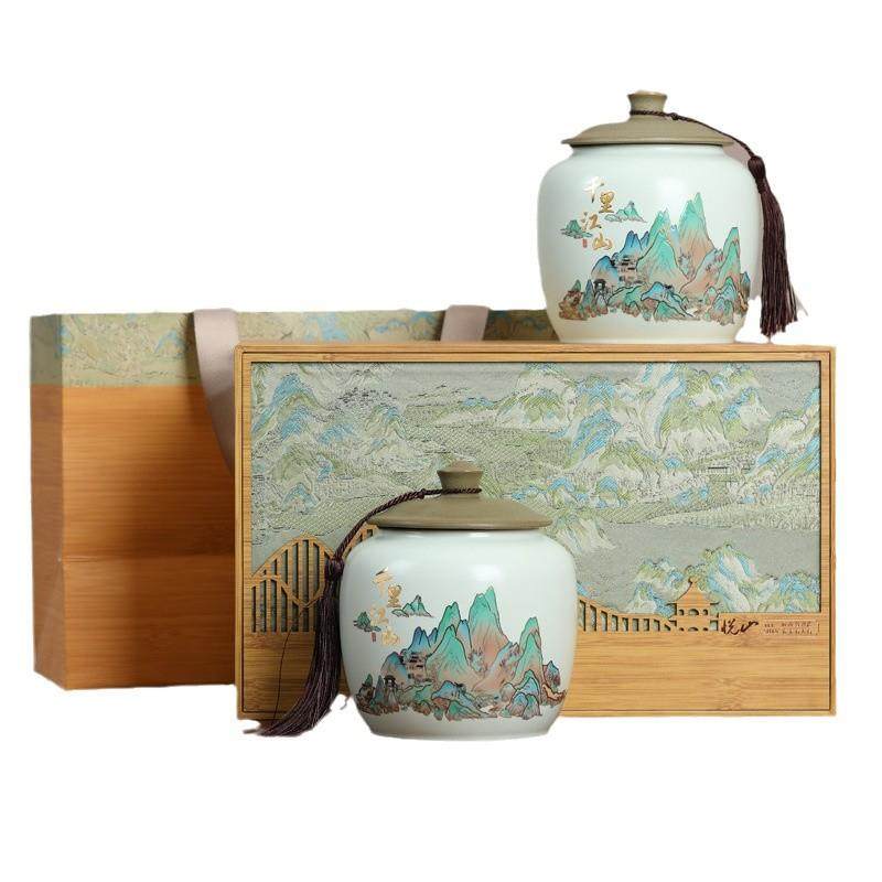 新品千里江山陶瓷茶叶罐礼盒包装空盒岩茶金骏眉红茶防潮密封茶罐