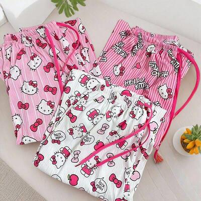 Cat pink pajama pants, women's season cute home pants,