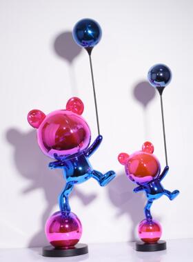 商网红抽卡通B0609象场杂技熊极简黑白气条纹熊手拿球雕塑摆件软