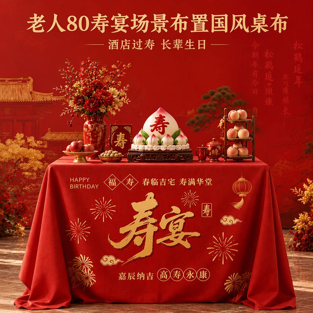 老人80寿宴长辈生日酒店过寿中式国风红色仙鹤寿字桌布氛围感装饰