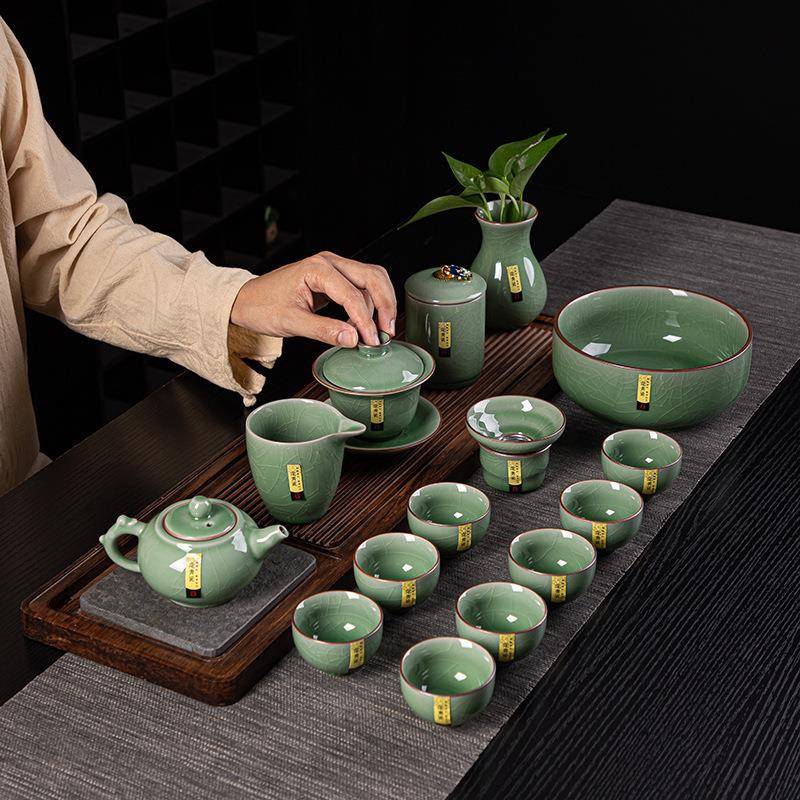 开片青瓷冰裂釉整套功夫茶具套装商务中式办公室客厅泡茶壶茶杯