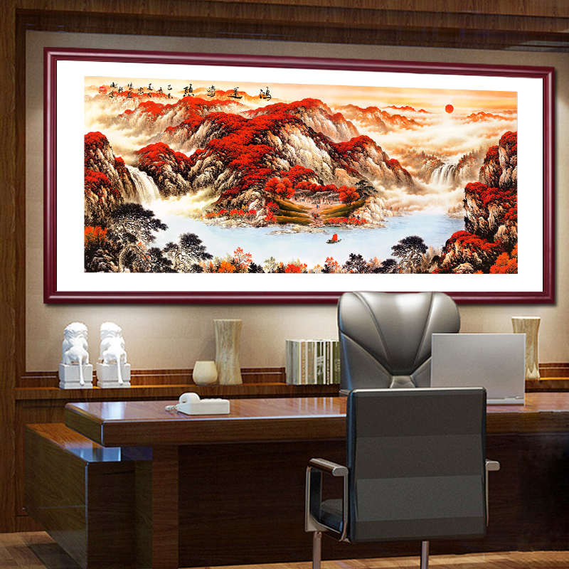 国画鸿运当头山水画中式客厅装饰画办公室字画背有靠山图茶室挂画