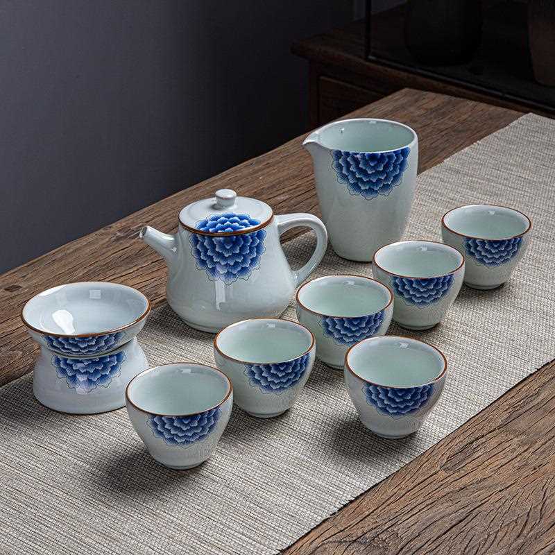 新款功夫茶具套装十头小团花盖碗家用简约茶壶茶杯套组高档礼盒