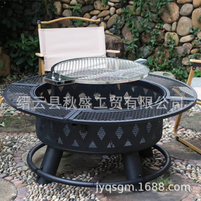 烤盘可转动烧烤篝火盆炉子庭院烧烤炉圆形户外炭火围炉煮茶烤炉