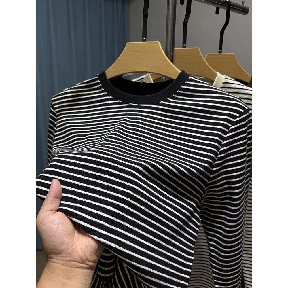 潮牌黑白条纹长袖t恤男春秋季薄款高端纯棉简约休闲圆领内搭上衣