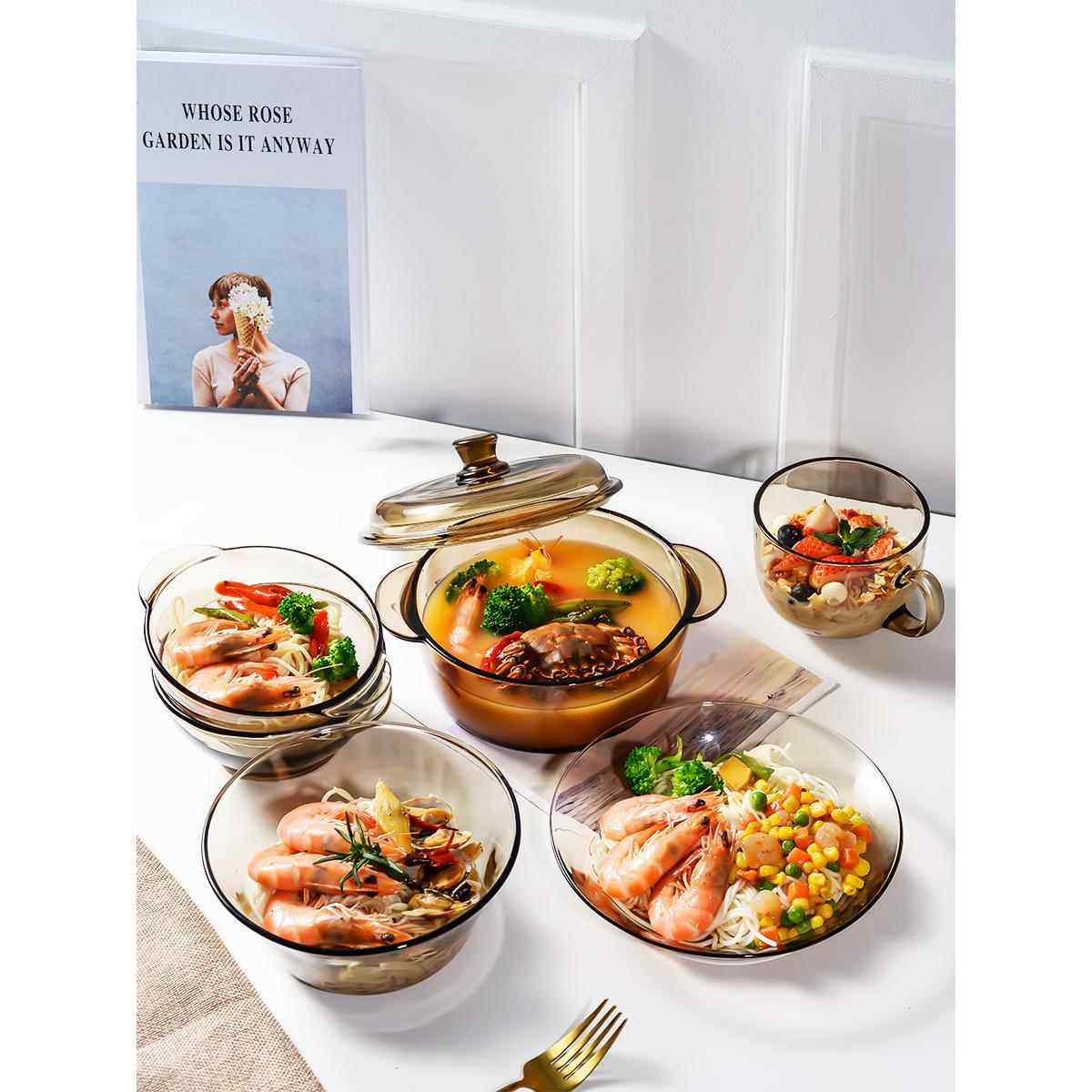 茶色玻璃碗碗碟套装水果沙拉碗家用耐高温汤碗泡面碗带盖饭碗餐具,餐饮具,碗,淘宝优惠券,粉丝福利购,淘宝优惠卷