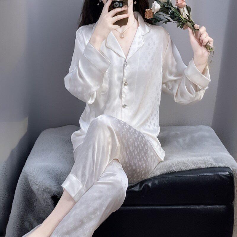 MK女士睡衣水光绸提花睡衣春秋长袖白色真丝薄款家居服简约高级感