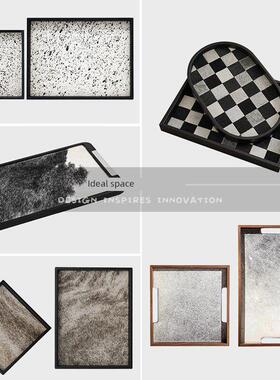 简约斑点马毛皮质金属托盘收纳置物盘客厅家居样板房轻奢软装摆件