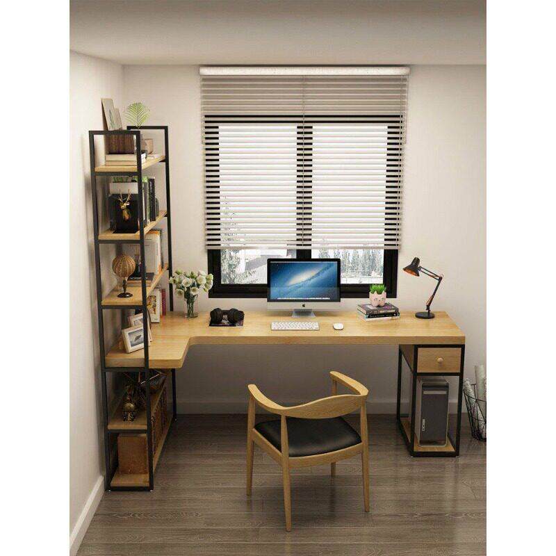 Loft实木转角书桌书架一体L型墙角电脑桌家用学习桌书柜组合