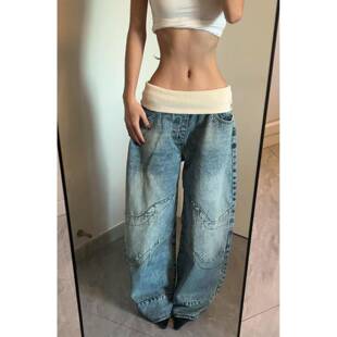 美式 复古设计感螺纹腰头牛仔裤 女高街辣妹做旧水洗拖地裤 vibe大码