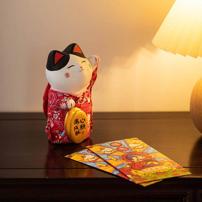 热卖新款可爱客厅家居装饰品和服招财猫陶瓷摆件新年乔迁新居礼品