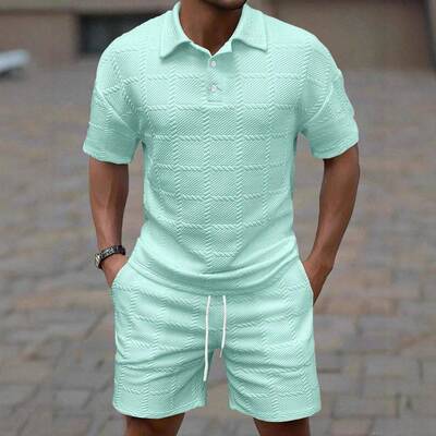 Shorts Shirt Casual Mens Square Grid Jacquard Textured Polo